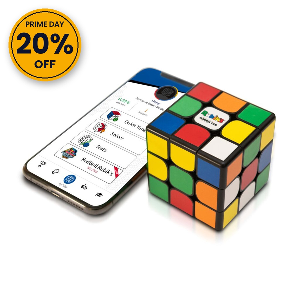 Rubik's Connected with a Prime Day 20% off badge (round seal)