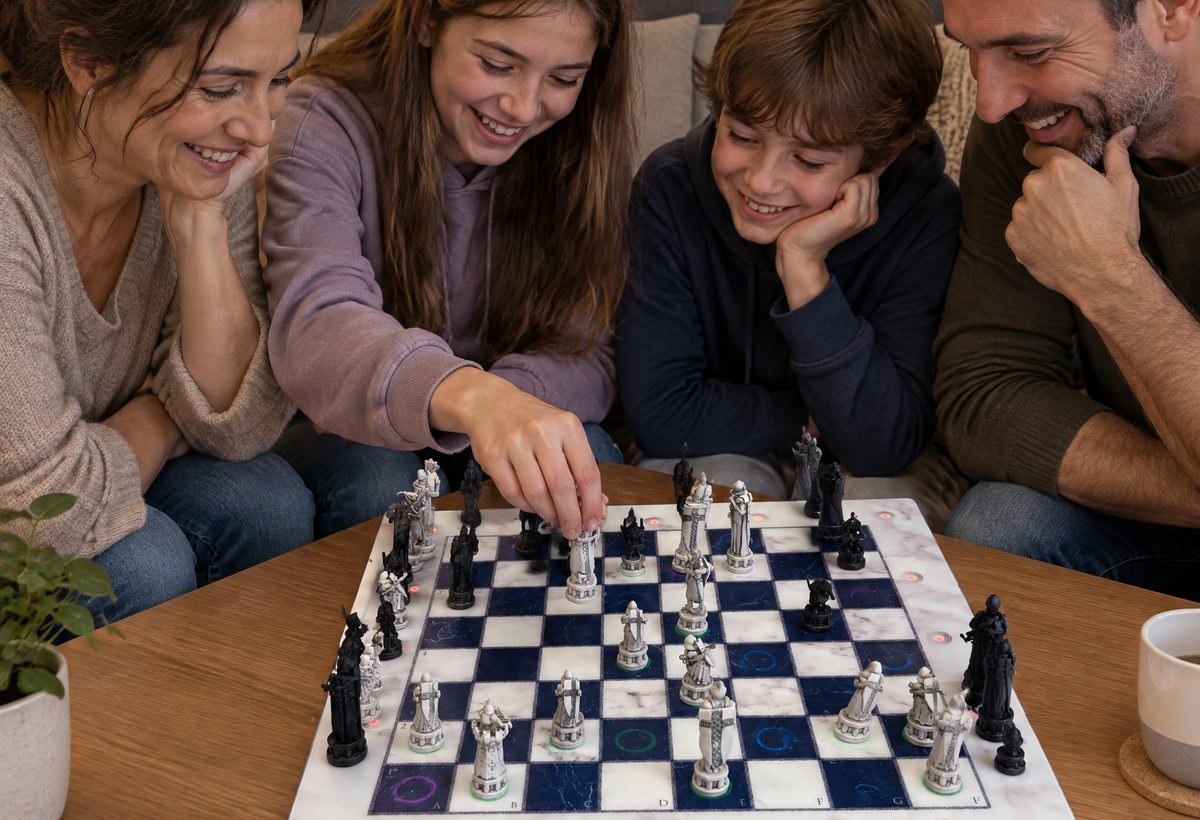 A family laughing around the GoChess Wizard board