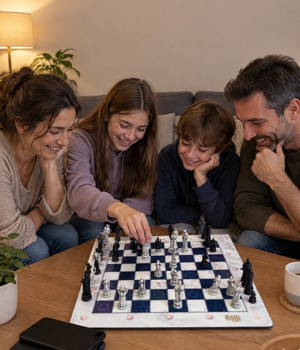 The same family laughing around the chessboard