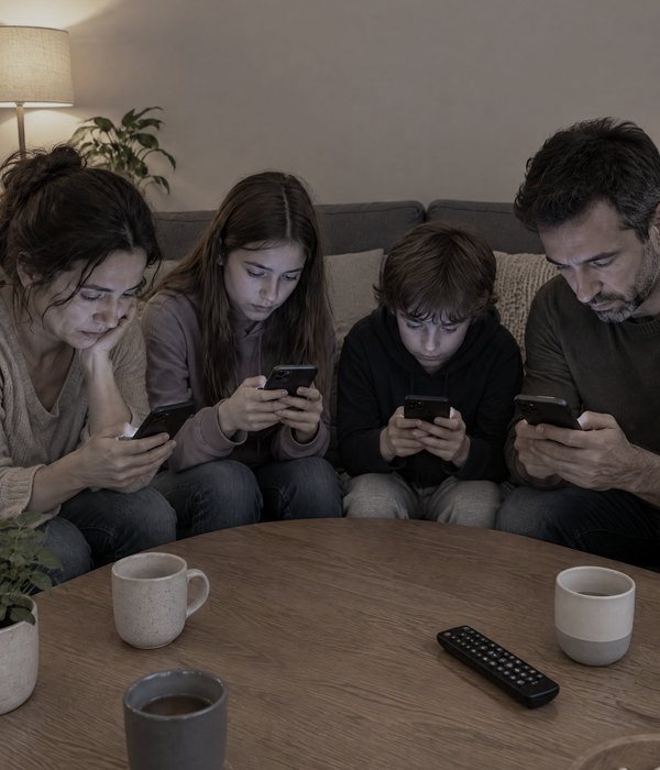 A family on the sofa, each looking at a phone